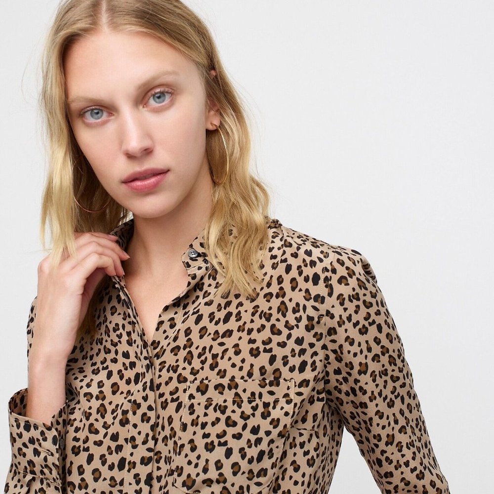 NWT J Crew Silk button-up shirt in leopard